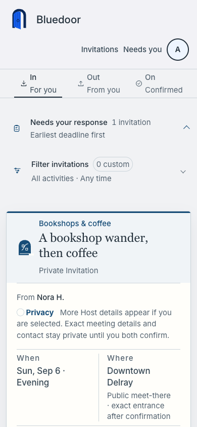 Bluedoor's working application showing a private bookshop and coffee Invitation, its broad timing and area, and the notice that exact details stay private until both people confirm