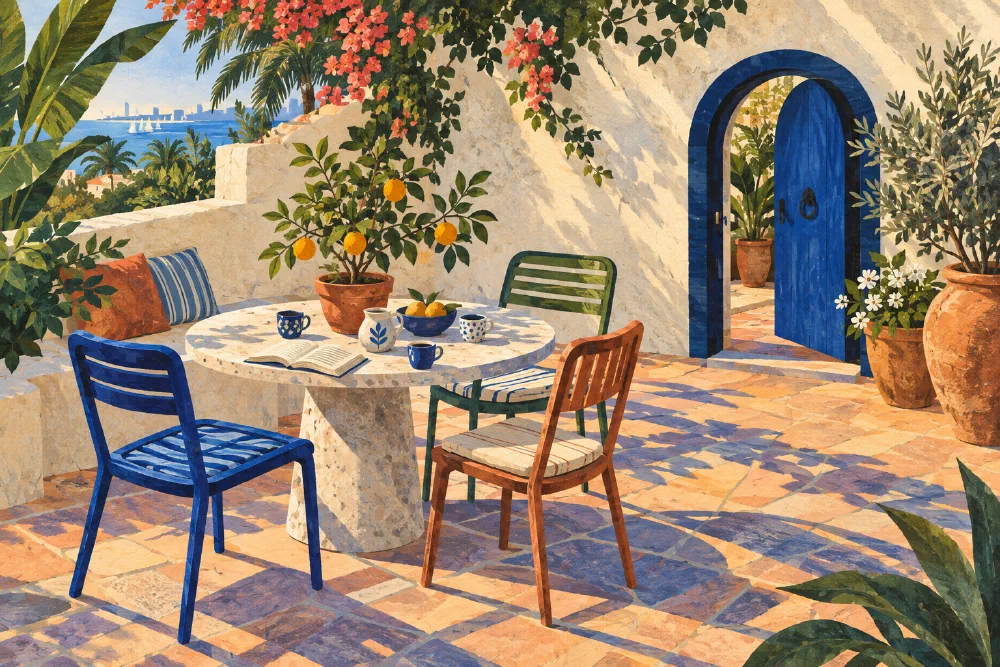 Illustrated courtyard with three chairs around a table and an open arched blue door.